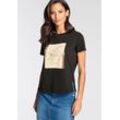 T-Shirt LAURA SCOTT, Damen, Gr. 36, schwarz (schwarz, beige), Single Jersey, Obermaterial: 100% Baumwolle, feminin, figurumspielend hüftlang, Rundhals, Halbarm, Shirts, mit goldfarbenen Print