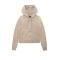 Kapuzennickijacke JUICY COUTURE "ROBERTSON HOODIE EU Damen", Damen, Gr. L, beige (string), 95% POLYESTER 5% ELASTAN, slim fit, Langarm, Jacken, Trainingsjacke Damen, Sweatjacke mit Kapuze, Velour, mit Glitzer, Sale