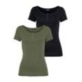 T-Shirt H.I.S, Damen, Gr. 36/38, schwarz (khaki, schwarz), Feinripp, Obermaterial: 100% Baumwolle, unifarben, Basic, sehr figurbetont, Kurzarm, Shirts, Kurzarm, unifarben, aus Baumwolle, im Set erhältlich