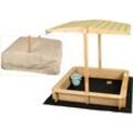 needs&wants® Sandkasten mit Dach Sitzbank und Boden Vlies-Folie, mit Abdeckung Oxford 600D, Sandkiste Holz rechteckig mit Bänken Outdoor Garten Kinder UV-Sonnenschutz, 113x113x113 cm, gelb weiß braun