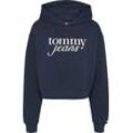 Hoodie TOMMY JEANS "TJW RLX CRP SCRIPT HOODIE EXT", Damen, Gr. L (40), blau (schwarz night navy), Sweatware, Obermaterial: 100% Baumwolle, bedruckt, casual, relaxed fit taillenbedeckt, Langarm Rippbündchen, Sweatshirts, mit Logoschriftzug