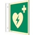 moedel Fahnenschild „Automatischer externer Defibrillator AED“, EN ISO 7010, Leuchtklasse C, 160 mcd/m², bis 20 m, L 200 x B 200 mm, Kunststoff