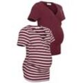 Umstandsshirt NEUN MONATE "2er Pack T-Shirts für Schwangerschaft und Stillzeit", Damen, Gr. 36/38, rot (bordeaux, bordeaux, gestreift), Jersey, Obermaterial: 95% Baumwolle, 5% Elasthan, unifarben, geringelt, modisch, Basic, V-Ausschnitt, Kurzarm, Shirts, für bequemes Stillen