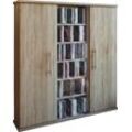 Media-Regal VCM "VCM CD Regal Holz CD Schrank mit 1 ESG-Sicherheitsglastür und 2 Holztüren für 450 CDs oder 195 DVDs oder 108-Videos Maße: H. 92 x B. 86 x T. 18 cm Eleganter DVD Schrank Blu ray Schrank CD-Schrank - Santo" Gr. 86, sonoma, eiche (sägerau), B:86cm H:92cm T:18cm, Holzwerkstoff, Holz, Spanplatte, Glas, Regale