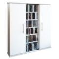 Media-Regal VCM "VCM CD Regal Holz CD Schrank mit 1 ESG-Sicherheitsglastür und 2 Holztüren für 450 CDs oder 195 DVDs oder 108-Videos Maße: H. 92 x B. 86 x T. 18 cm Eleganter DVD Schrank Blu ray Schrank CD-Schrank - Santo" Gr. 86, weiß, B:86cm H:92cm T:18cm, Holzwerkstoff, Holz, Spanplatte, Glas, Regale