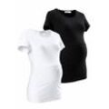 Umstandsshirt NEUN MONATE "2er Pack T-Shirts für Schwangerschaft und Stillzeit", Damen, Gr. 44/46, schwarz (schwarz, weiß), Jersey, Obermaterial: 95% Baumwolle, 5% Elasthan, unifarben, Basic, figurbetont hüftlang, Rundhals, Kurzarm abgesteppte Kante, Shirts, kurzärmelig, figurbetonte Passform, unifarben, Rundhalsausschnitt