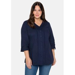 Bluse mit 3/4-Arm, V-Ausschnitt und Spitze, marine, Gr.50