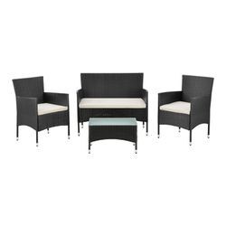 Juskys Polyrattan Gartenmöbel-Set Fort Myers schwarz mit Tisch, Sofa, 2 Stühle & Auflagen