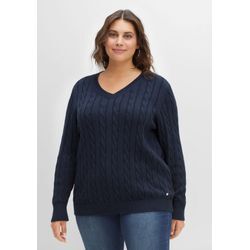 Pullover mit Zopfmuster und V-Ausschnitt, nachtblau, Gr.52/54