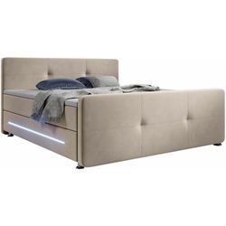 Juskys - Boxspringbett Houston – Doppelbett mit LED-Beleuchtung, Topper & Bonell-Federkern-Matratzen – Bett Polsterbett mit Stoff - 140x200 cm Beige