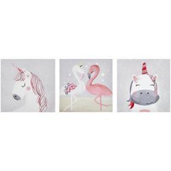 Beliani - Wanddekoration Bunt 3er Set 30 x 30 cm Flamingo- und Einhornmotiv Polyester Leinwandbilder Quadratisch Schlafzimmer Kinderzimmer Dekoration