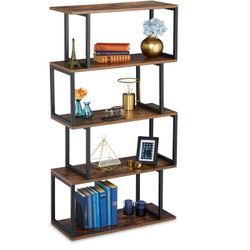 Relaxdays - Bücherregal, Industrial Design, 5 Ablagen, mdf & Metall, HxBxT: 136 x 73 x 30 cm, Standregal, braun/schwarz