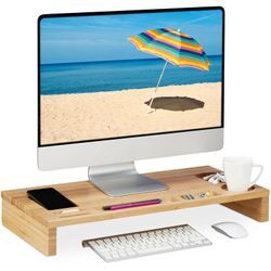 Relaxdays - Monitorständer Bambus, 7 Fächer, Bildschirmerhöhung Schreibtisch, Monitor Unterbau, hbt: 8,5x60x30 cm, natur