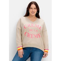 Sweater mit Wordingprint und Ringelbündchen, sand, Gr.40