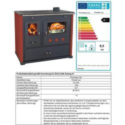 Prometey - eek a+ Kaminofen mit Backfach und Herdplatte Pracktik Lux Rot Holzofen 9,5 kW Kamin Ofen Dauerbrandofen Werkstattofen Schwedenofen