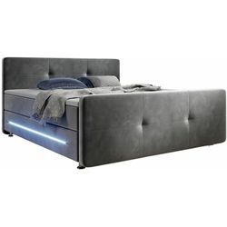 Juskys - Boxspringbett Houston – Doppelbett mit LED-Beleuchtung, Topper & Bonell-Federkern-Matratzen – Bett Polsterbett mit Stoff - 140x200 cm grau