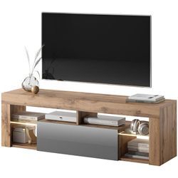 Selsey - bianko - TV-Lowboard stehend in Lancaster Eiche/Grau Hochglanz mit Klappe und LED-Beleuchtung, 140 cm