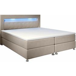 Boxspringbett Vancouver – Doppelbett mit LED-Beleuchtung, Topper & Bonell-Federkern-Matratzen – Bett Polsterbett mit Stoff - 180x200 cm Beige - Juskys