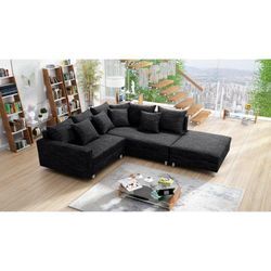 Küchen Preisbombe - Wohnlandschaft Sofa Couch Ecksofa Eckcouch Gewebestoff schwarz + Hocker Minsk r