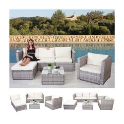 Poly-Rattan-Garnitur Busto, Gartengarnitur Sitzgruppe Sofa Lounge-Set ~ grau, Kissen creme