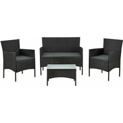 Juskys - Polyrattan Gartenmöbel-Set Fort Myers – Balkonmöbel-Set mit Tisch, Sofa & 2 Stühlen – Sitzgruppe 4 Personen Schwarz mit Auflagen Grau