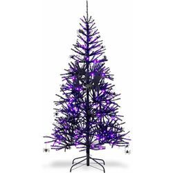 Goplus - 183cm Weihnachtsbaum Halloween mit 250 LED-Leuchten in lila, Kunstbaum Schwarz mit 16 Spinnen, 8 Fledermaeusen, 1 Geisterkarten & 791 pvc