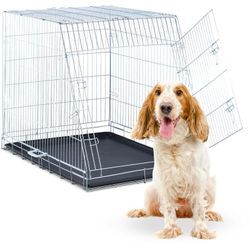 Hundekäfig, zuhause & Auto, hbt: 83 x 75 x 109 cm, faltbare Hundebox mit Boden & Tür, Griff, Stahl, silber - Relaxdays