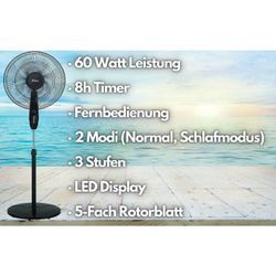 Standventilator mit Fernbedienung LED-Display 8h Timer 3 Geschwindigkeitsstufen Oszilierender Ventilator Windmaschine 40 cm oszilierend 60 Watt