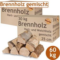 Flameup - Brennholz Gemischt Kaminholz 60 kg Buche Eiche Birke Kiefer Fichte Holz Für Ofen und Kamin Kaminofen Feuerschale Grill Feuerholz 25 cm Wood