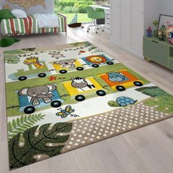 Paco Home - Kinderzimmer Kinderteppich für Jungen mit Tier u. Dschungel Motiven Kurzflor 120 cm Rund, Grün 3