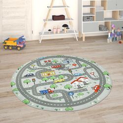 Kinderteppich Teppich Kinderzimmer Spielmatte Straßenteppich Spielteppich Grau, 120 cm Rund - Paco Home