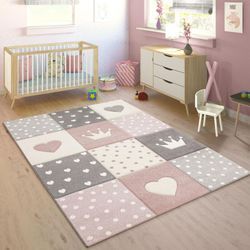 Paco Home - Kinderteppich Pastellfarben Kariert Punkte Herzen Sterne Weiß Grau Rosa ø 120 cm Rund