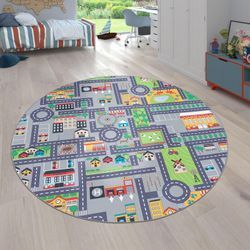 Paco Home - Teppich Kinderzimmer Grau Kinderteppich Spielteppich Straßenteppich Mädchen Jungs 160 cm Rund, Grau 3