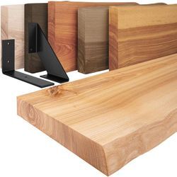 Wandregal Holz Baumkante Regal Farbe: Natur mit schwarzem Basic Regalträger 50 cm - Lamo Manufaktur