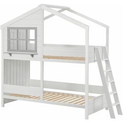 Juskys - Kinder Hochbett Traumhaus 90x200 cm - Kinderbett mit Dach, 2 Betten, Lattenrost & Leiter - Hausbett, Etagenbett Kinderzimmer - Holz Bett Weiß