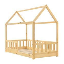 Juskys Kinderbett Marli 80 x 160 cm Rausfallschutz, Lattenrost & Dach Natur Hausbett Holz