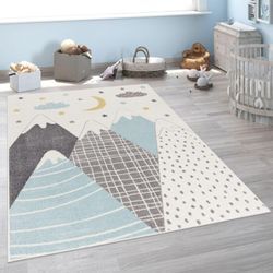 Paco Home - Kinderteppich Teppich Kinderzimmer Junge Mädchen Modern Berge Sterne Wolken Blau 200 cm Rund