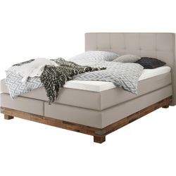 Boxspringbett HASENA "Boston", beige (beige, akazie braun), B:168cm L:210cm, Komplettbetten, Boxspringbett, Massivholz-Sockel, Punktsteppung im Kopfteil, Federkernmatratze