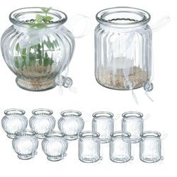 Relaxdays - Windlicht, 12er Set, aus Glas, 2 verschied. Formen, mit Schleife, innen & außen, Teelichthalter, transparent