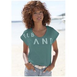 ELBSAND T-Shirt blau Gr. L (40) für Damen. Rundhals und Logodruck. Figurumspielend. Nachhaltig.