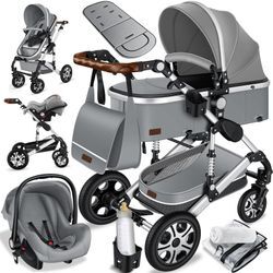 KESSER® Loops 3 in 1 Kinderwagen Kombikinderwagen Komplettset incl. Babywanne & Buggy Sportsitz & Auto-Babyschale - Voll-Gummireifen - Wickeltasche/Regenschutz/Kindertisch Set