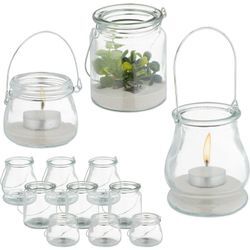 Relaxdays Windlicht Glas, 12er Set, Teelichthalter mit silbernem Henkel, 3 versch. Größen, Kerzenglas, rund, transparent