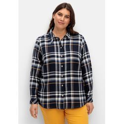 Karierte Flanellbluse mit Krempelärmeln, marine gemustert, Gr.50