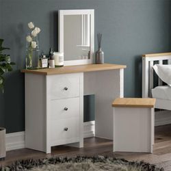 Arlington Dressing Table & Mirror Set 3 Drawer Stool Vanity Table, White