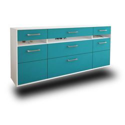 Sideboard Manchester | Korpus Weiß | Türkis hängend mit Griffen (180x79x35cm)