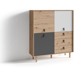 Highboard bill / Wohnzimmerschrank Artisan Eiche Optik hellbraun / Schrank mit 3 Tür und 3 Schubkästen / Sideboard mit Fronten in weiß und grau /