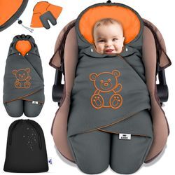 KIDIZ® Baby Einschlagdecke Winter mit Kapuze +Tasche Babyeinschlagdecke Universal für Babyschale, Autositz, z.B. für Maxi-Cosi, Römer für Buggy Babybett Kinderwagen & alle Gurtsysteme 3 & 5-Punkt Gurt