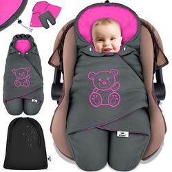 KIDIZ® Baby Einschlagdecke Winter mit Kapuze +Tasche Babyeinschlagdecke Universal für Babyschale, Autositz, z.B. für Maxi-Cosi, Römer für Buggy Babybett Kinderwagen & alle Gurtsysteme 3 & 5-Punkt Gurt