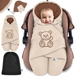 KIDIZ® Baby Einschlagdecke Winter mit Kapuze +Tasche Babyeinschlagdecke Universal für Babyschale, Autositz, z.B. für Maxi-Cosi, Römer für Buggy Babybett Kinderwagen & alle Gurtsysteme 3 & 5-Punkt Gurt