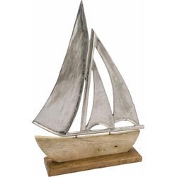 Alu Schiff mit Standfuß aus Mangoholz - groß / 40 cm - Maritimer Aufsteller Segelboot aus Metall und Holz - Küsten Deko Tisch Figur